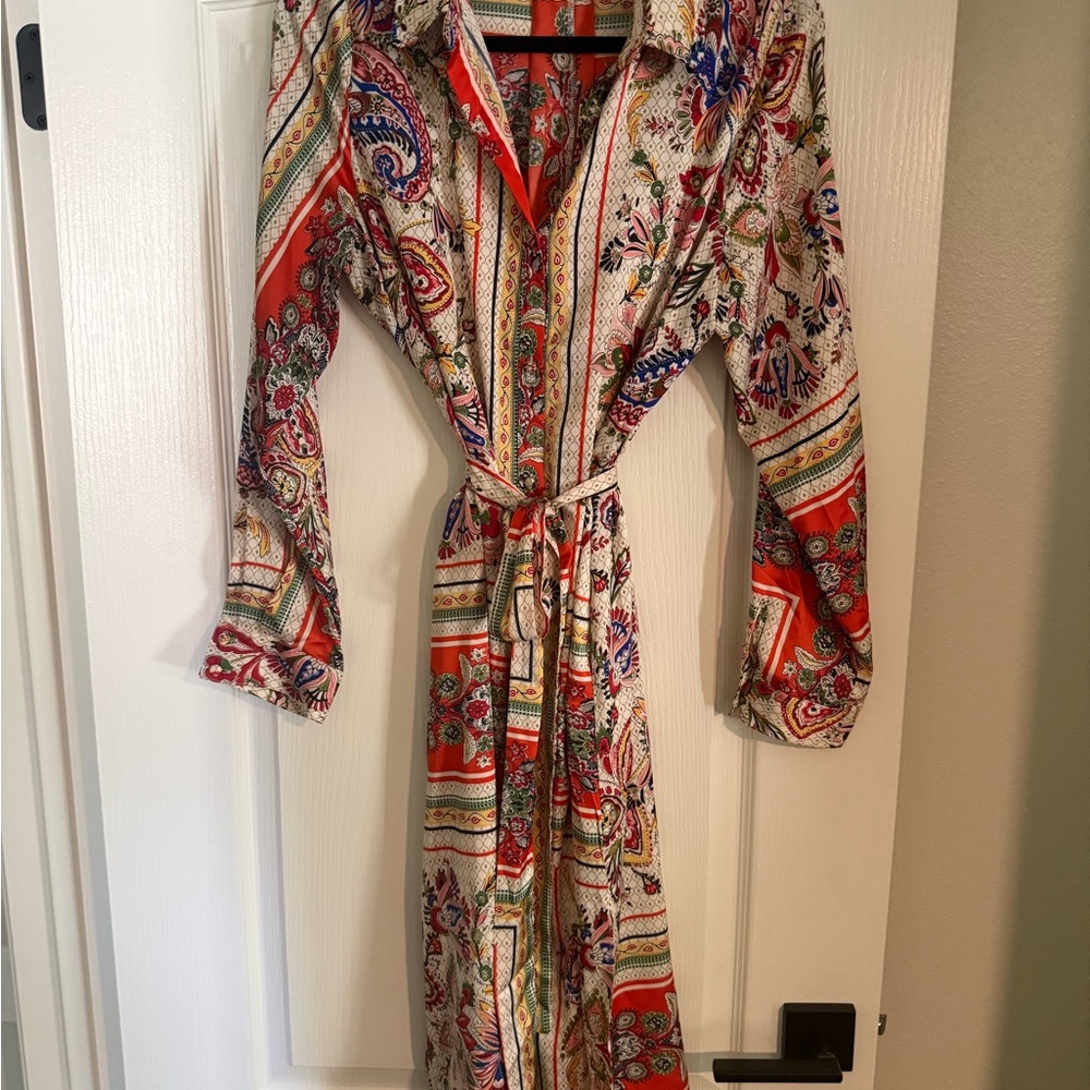 Fate Paisley Satin Long Sleeve Robe Dress in Red & Cream